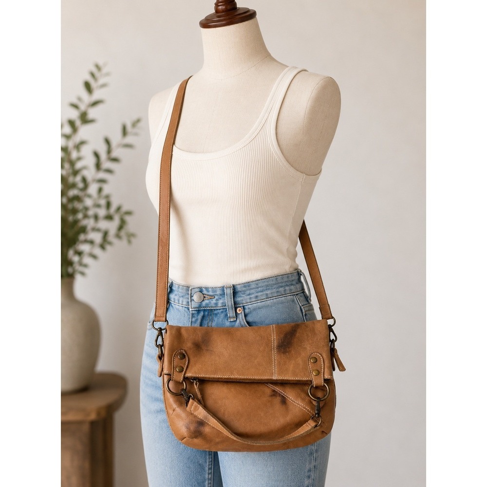 Bedstu Distressed Tan Leather Foldover Crossbody Bag Boho Brass Messenger